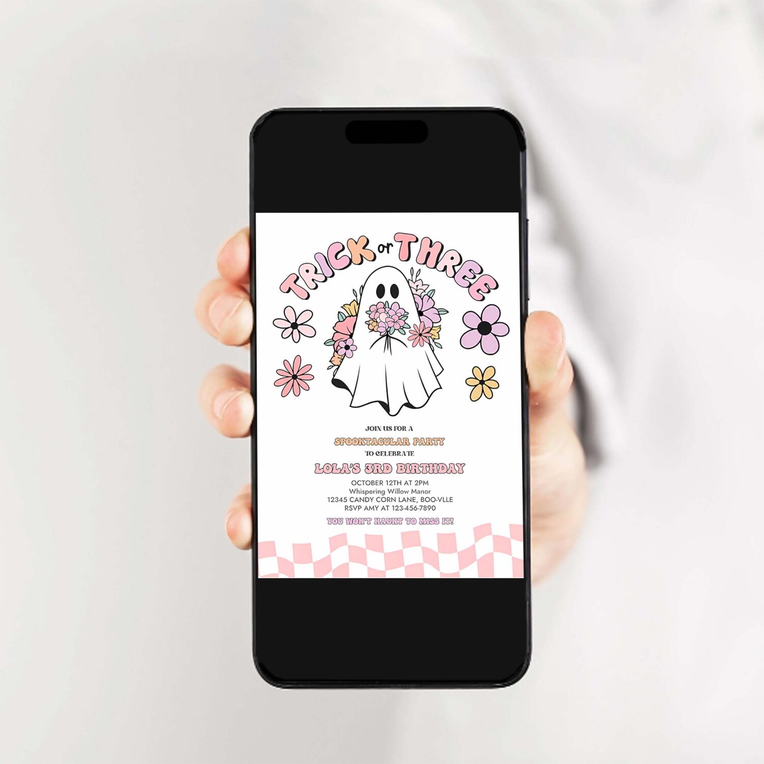 Editable trick or three halloween ghost 3rd birthday invitation retro groovy pink ghost halloween birthday party instant download uw8 2