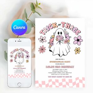 Trick Or Three Invitation, Trick Or Three Halloween Ghost 3rd Birthday Invitation Retro Groovy Pink Ghost Halloween Birthday Party
