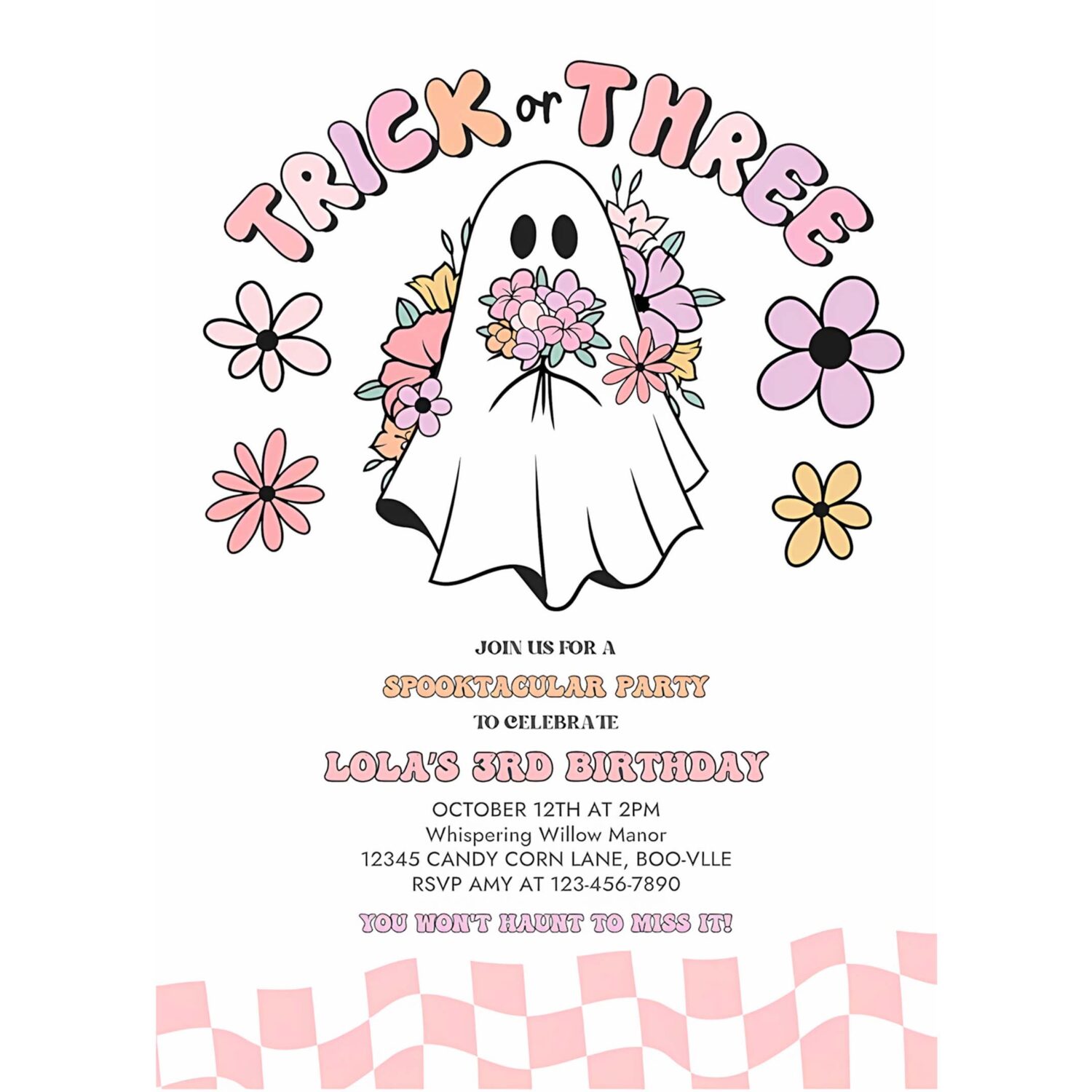 Editable trick or three halloween ghost 3rd birthday invitation retro groovy pink ghost halloween birthday party instant download uw8 4