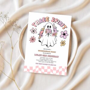 Editable trick or three halloween ghost 3rd birthday invitation retro groovy pink ghost halloween party instant download uw8 1