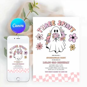 Trick Or Three Invitation, Trick Or Three Halloween Ghost 3rd Birthday Invitation Retro Groovy Pink Ghost Halloween Party