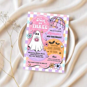 Editable trick or three halloween ghost 3rd birthday invitation retro groovy rainbow ghost birthday hippie halloween instant download tx4 1
