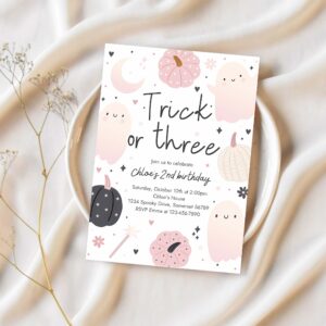 Editable trick or three halloween ghost 3rd birthday party invitation boho groovy ghost halloween birthday party invite instant download 43f 1