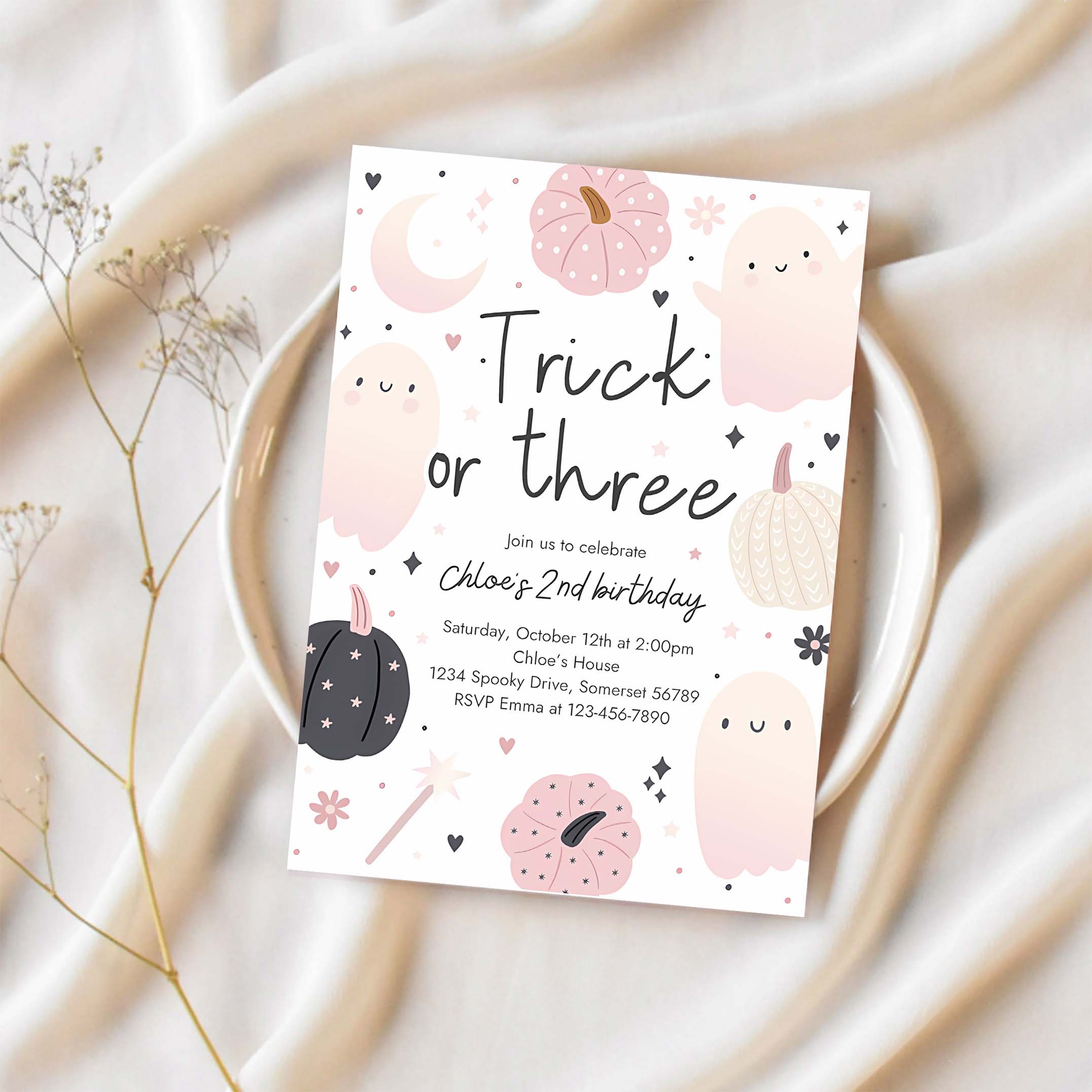 Editable Trick Or Three Halloween Ghost 3rd Birthday Party Invitation Boho Groovy Ghost Halloween Birthday Party Invite Instant Download 43F