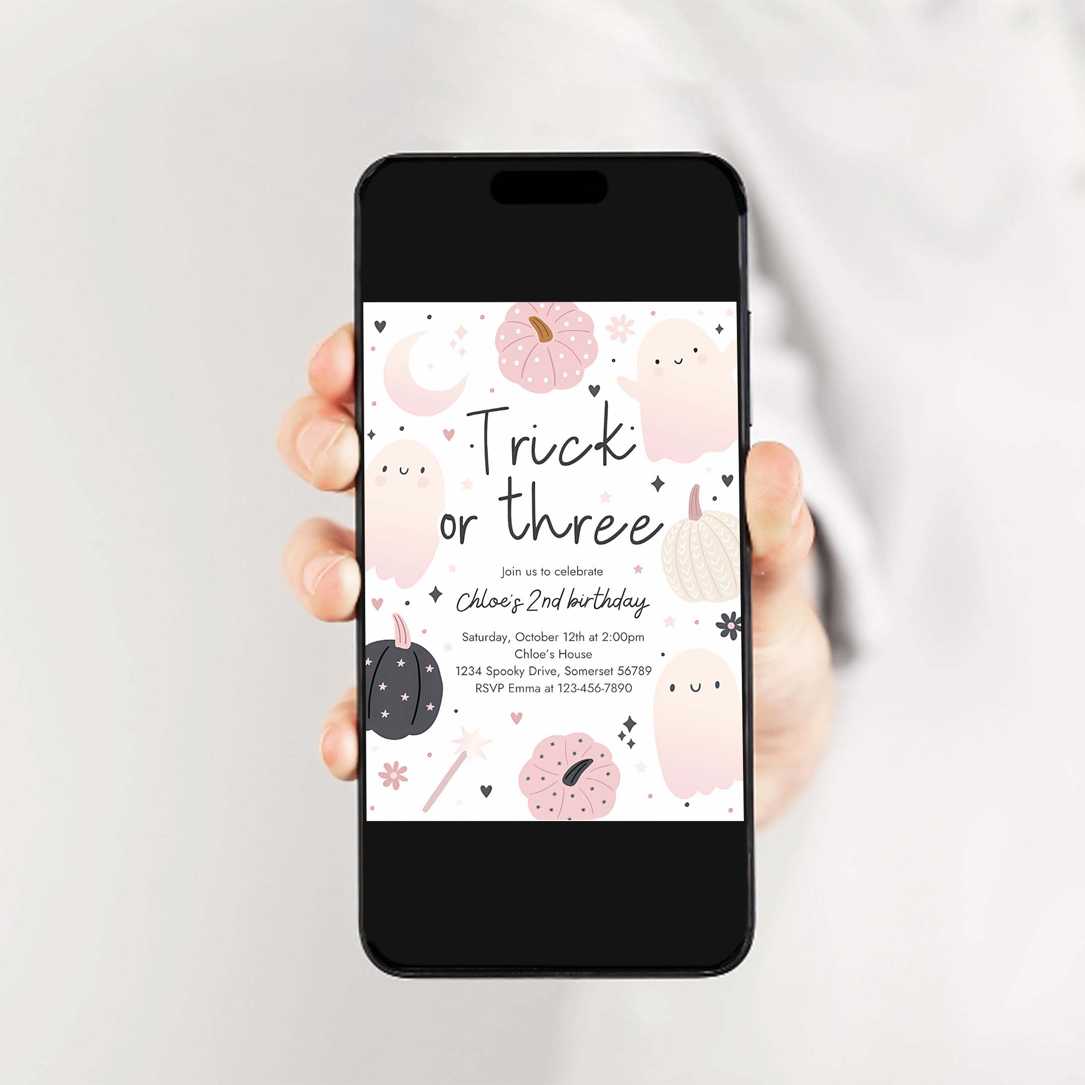 Editable Trick Or Three Halloween Ghost 3rd Birthday Party Invitation Boho Groovy Ghost Halloween Birthday Party Invite Instant Download 43F