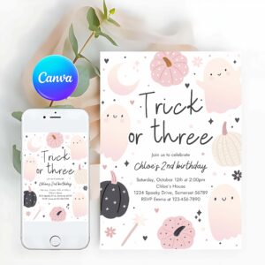 Trick Or Three Invitation, Trick Or Three Halloween Ghost 3rd Birthday Party Invitation Boho Groovy Ghost Halloween Birthday Party Invite