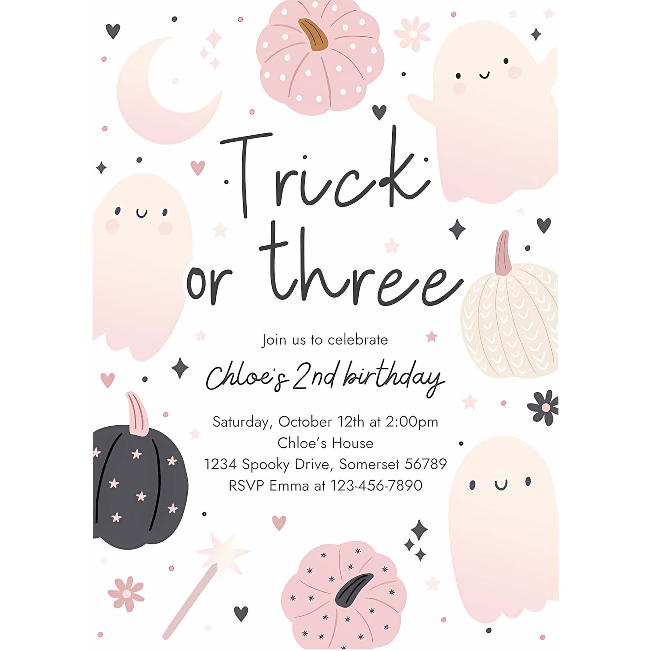 Editable Trick Or Three Halloween Ghost 3rd Birthday Party Invitation Boho Groovy Ghost Halloween Birthday Party Invite Instant Download 43F