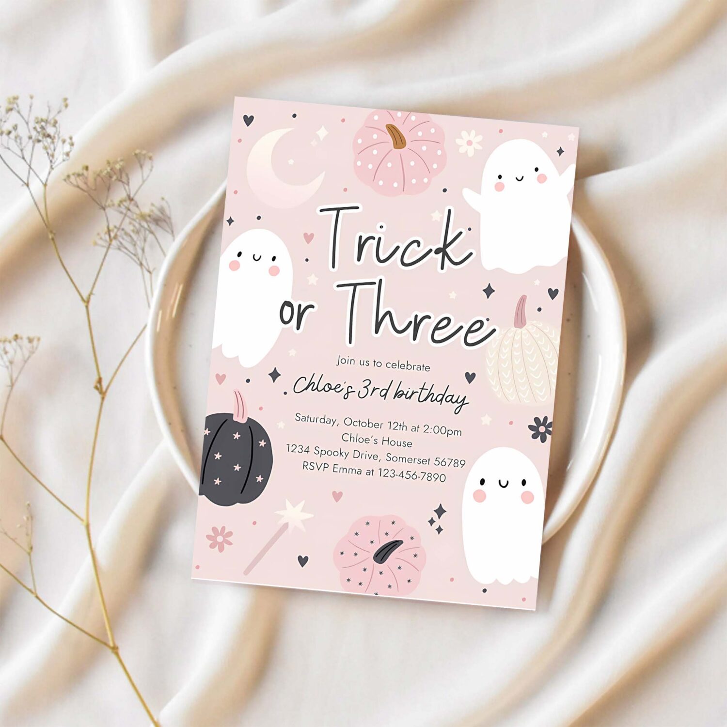 Editable trick or three halloween ghost 3rd birthday party invitation boho groovy ghost halloween birthday party invite instant download 45f 1