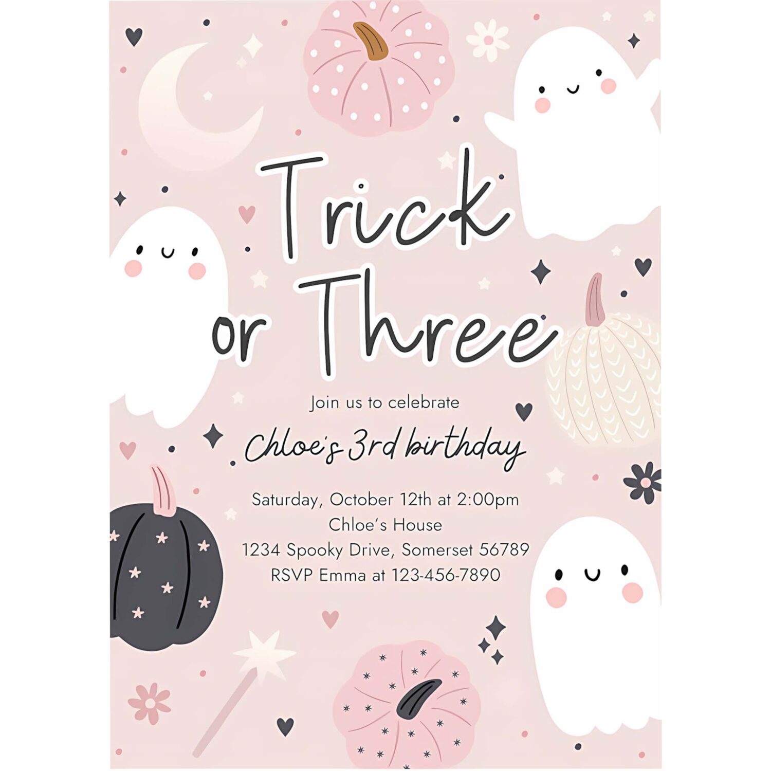 Editable trick or three halloween ghost 3rd birthday party invitation boho groovy ghost halloween birthday party invite instant download 45f 4