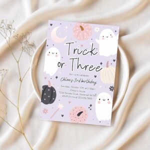Editable trick or three halloween ghost 3rd birthday party invitation boho groovy ghost halloween birthday party invite instant download 45r 1