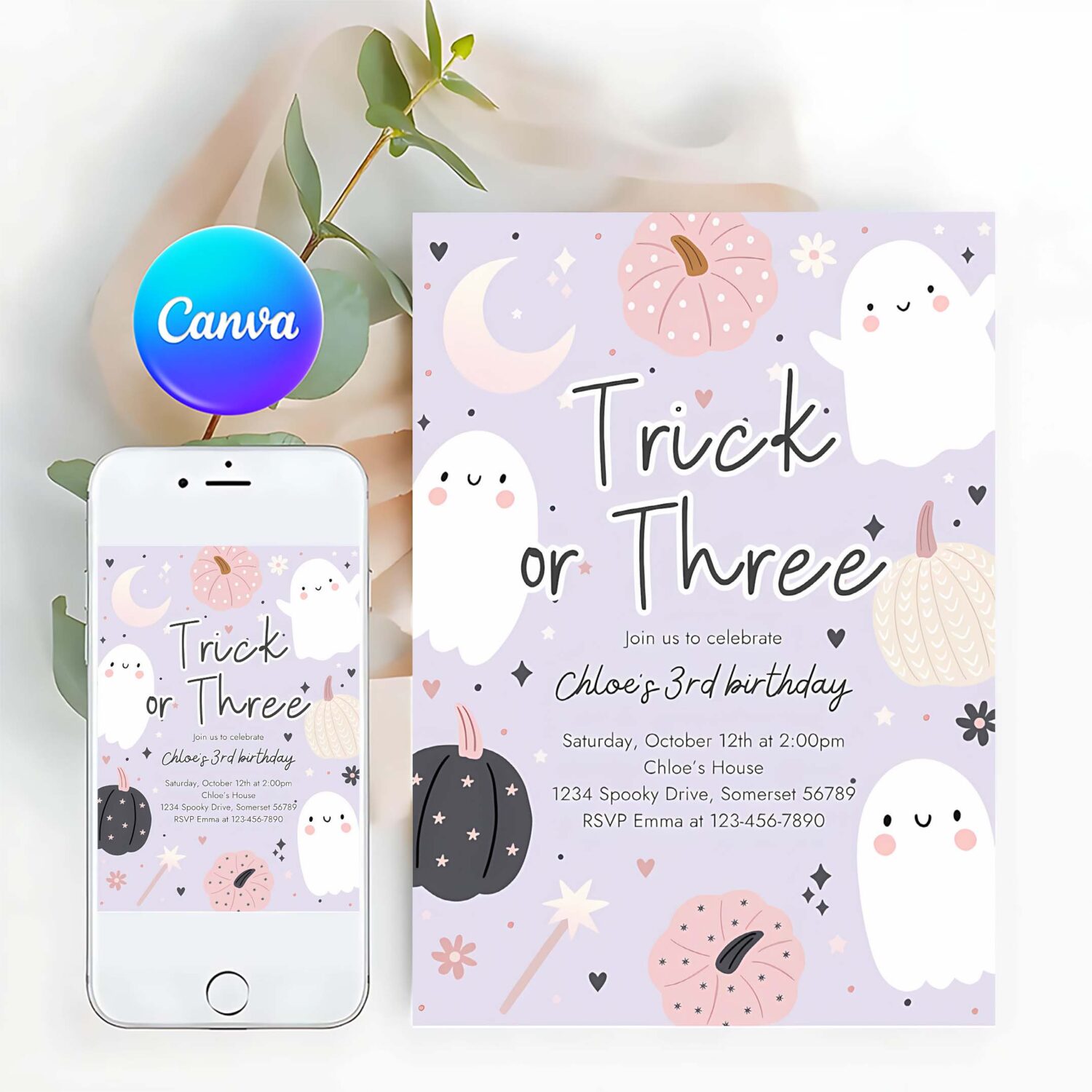 Editable trick or three halloween ghost 3rd birthday party invitation boho groovy ghost halloween birthday party invite instant download 45r