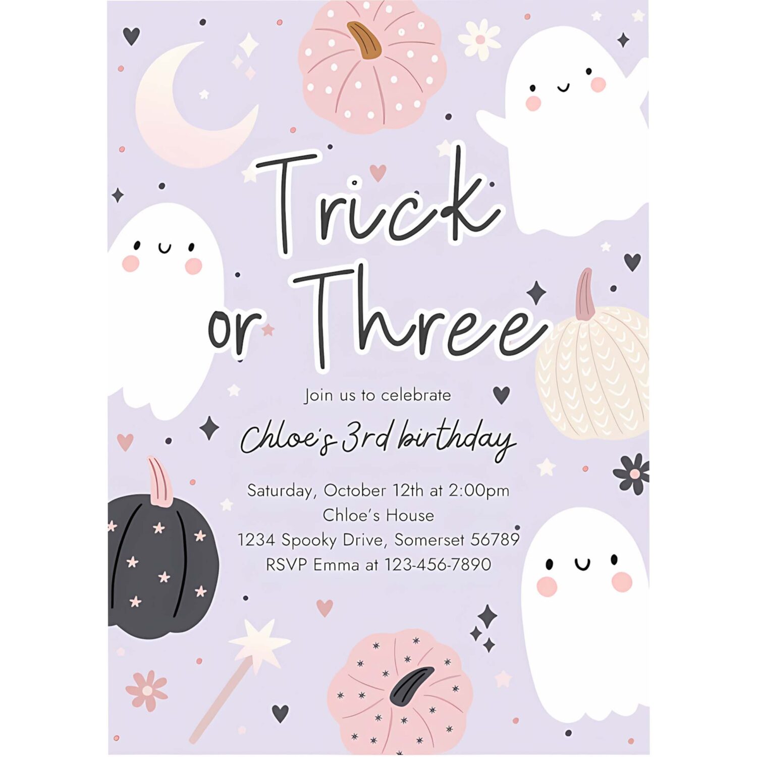 Editable trick or three halloween ghost 3rd birthday party invitation boho groovy ghost halloween birthday party invite instant download 45r 4