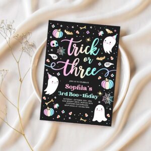 Editable trick or three halloween ghost 3rd birthday party invitation cute ghost 3rd birthday party spooktacular party instant download dq 1