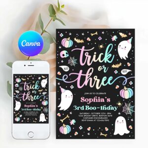 Trick Or Three Invitation, Trick Or Three Halloween Ghost 3rd Birthday Party Invitation Cute Ghost 3rd Birthday Party Spooktacular Party