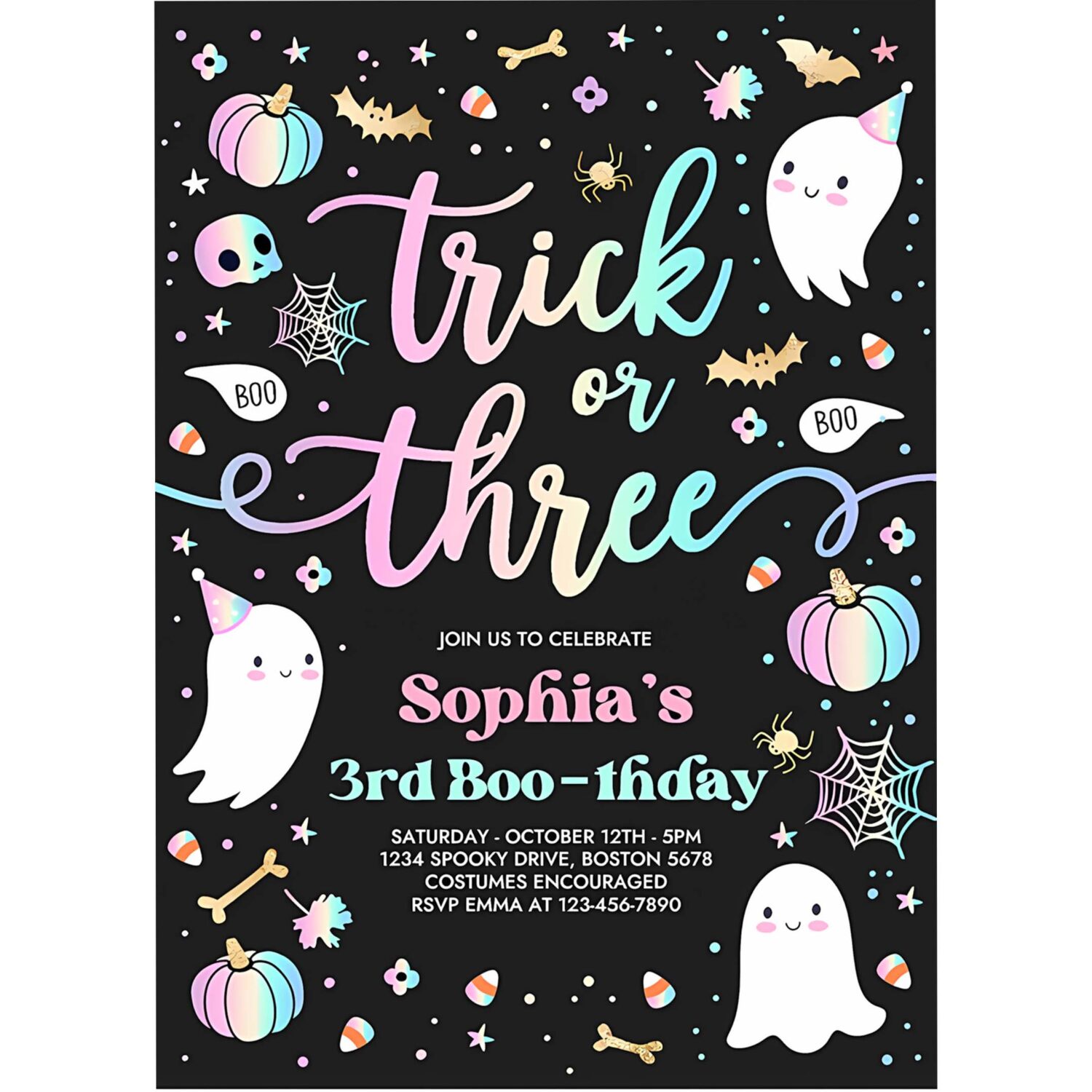 Editable trick or three halloween ghost 3rd birthday party invitation cute ghost 3rd birthday party spooktacular party instant download dq 4