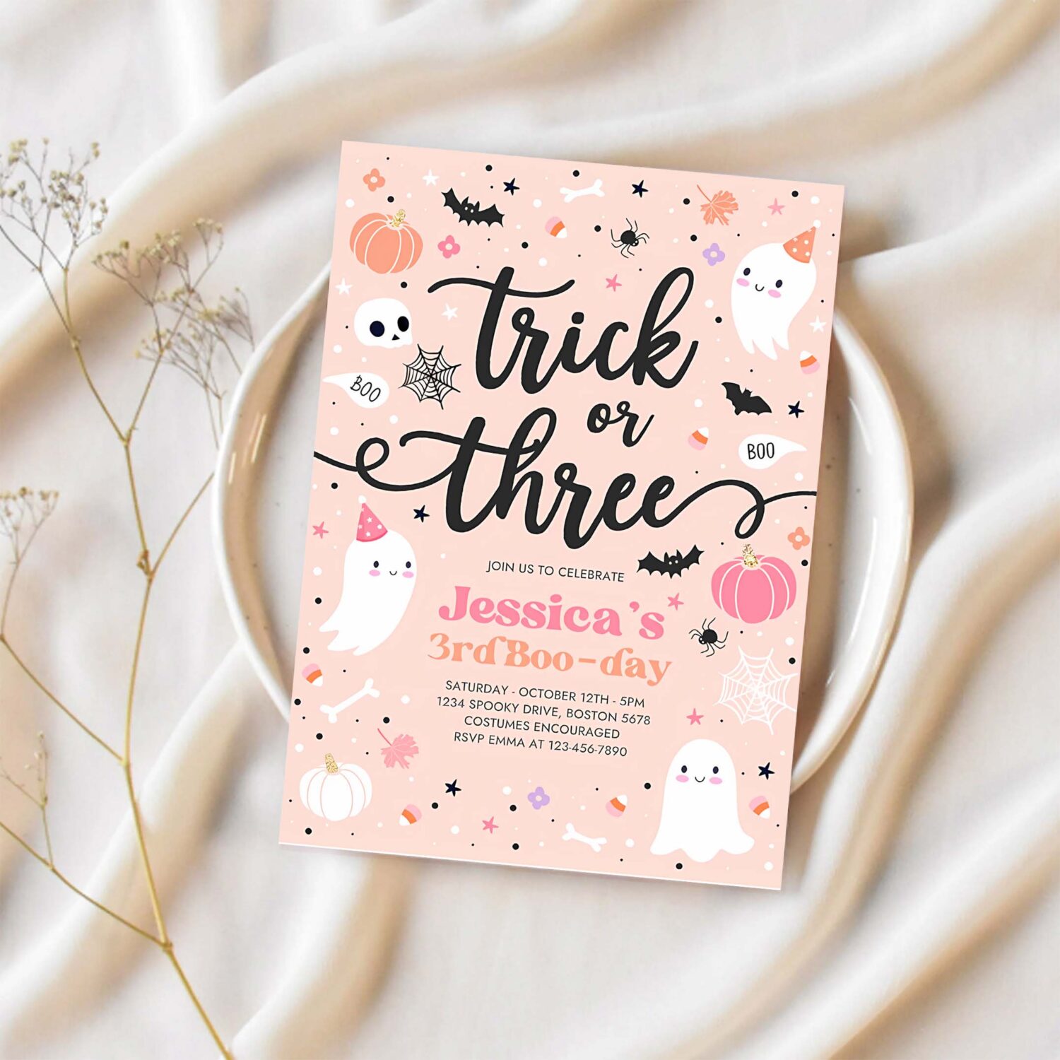 Editable trick or three halloween ghost 3rd birthday party invitation cute ghost 3rd birthday party spooktacular party instant download ds 1