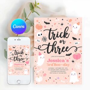 Trick Or Three Invitation, Trick Or Three Halloween Ghost 3rd Birthday Party Invitation Cute Ghost 3rd Birthday Party Spooktacular Party