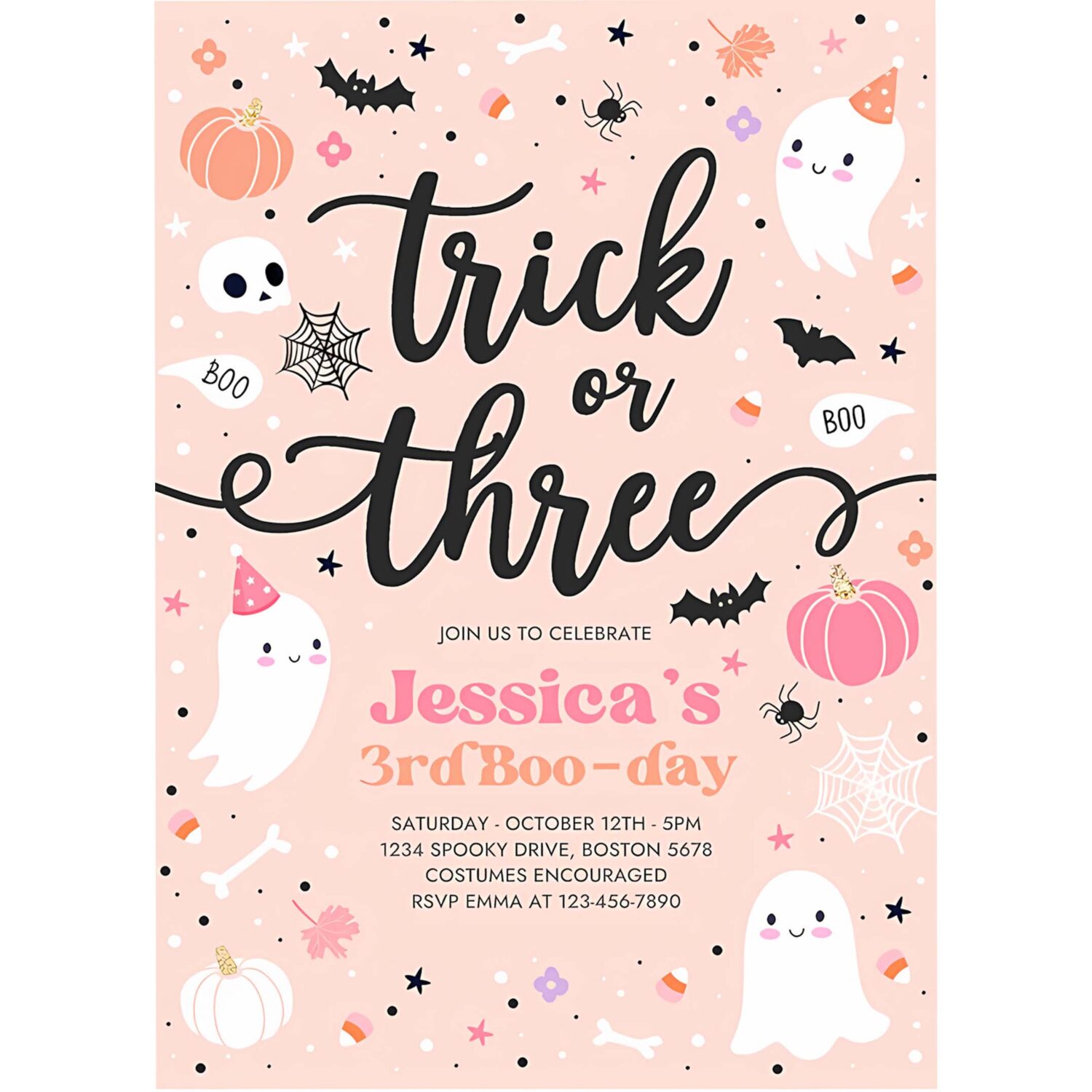 Editable trick or three halloween ghost 3rd birthday party invitation cute ghost 3rd birthday party spooktacular party instant download ds 4