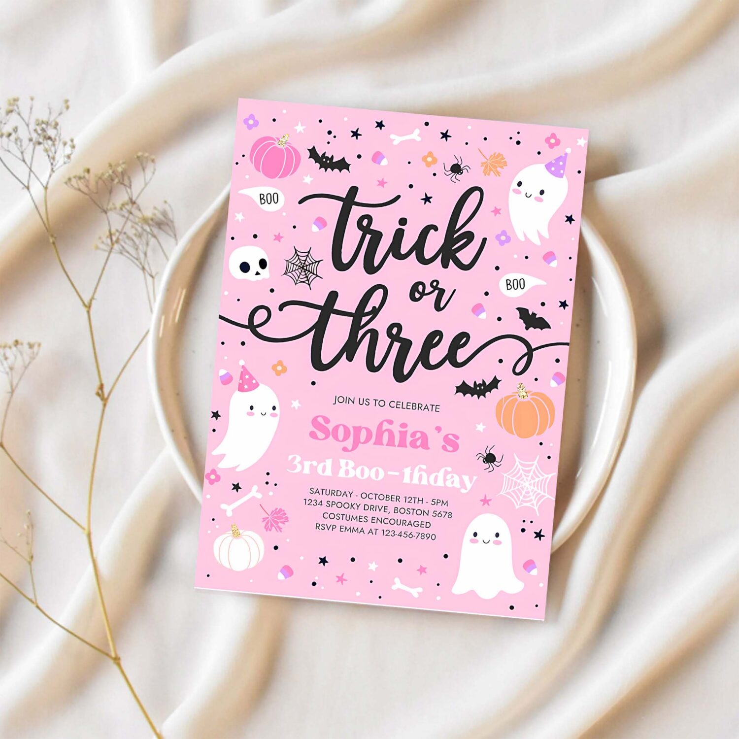 Editable trick or three halloween ghost 3rd birthday party invitation cute ghost 3rd birthday party spooktacular party instant download f4 1