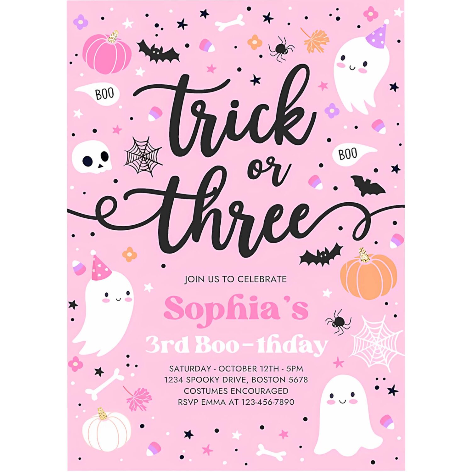 Editable trick or three halloween ghost 3rd birthday party invitation cute ghost 3rd birthday party spooktacular party instant download f4 4