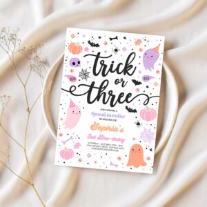 Editable trick or three halloween ghost 3rd birthday party invitation cute ghost 3rd birthday party spooktacular party instant download f6 1