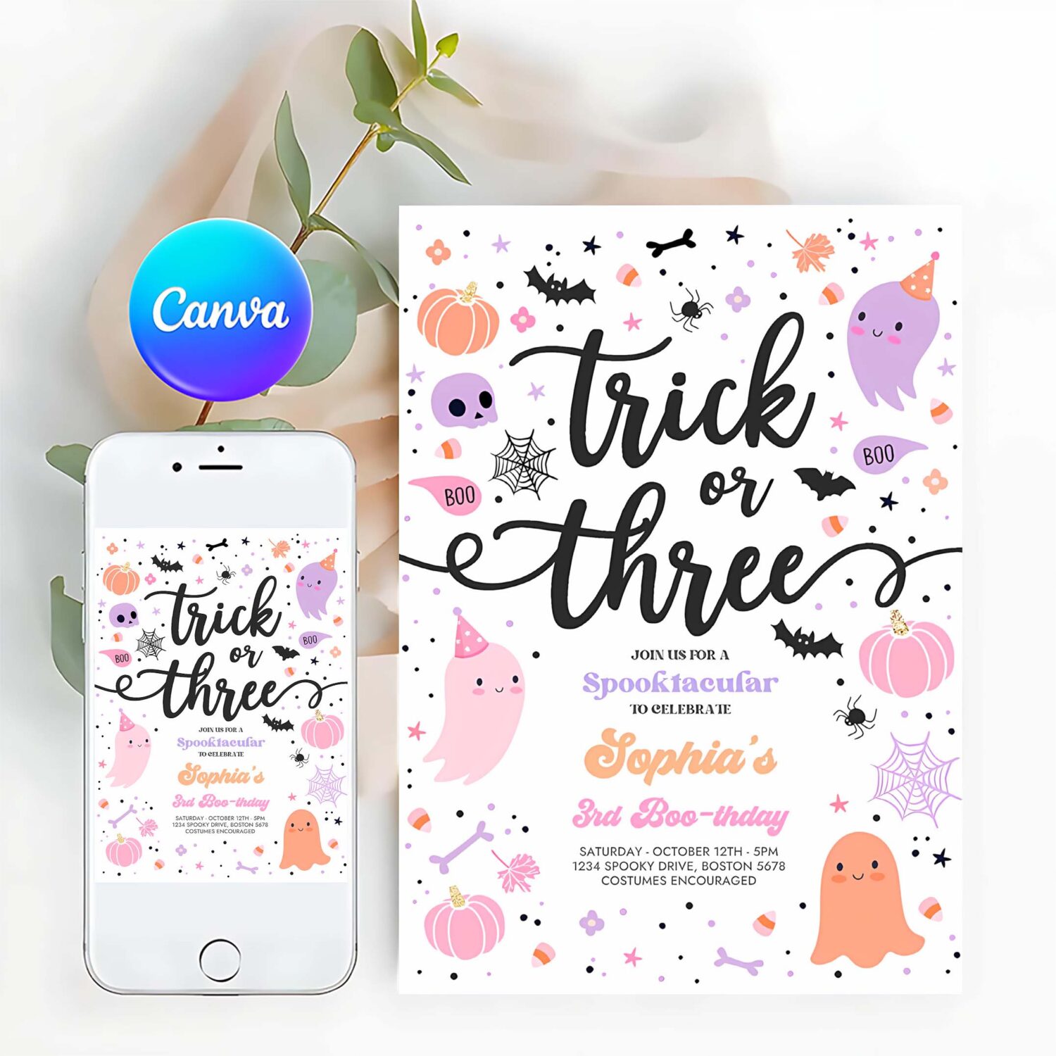 Editable trick or three halloween ghost 3rd birthday party invitation cute ghost 3rd birthday party spooktacular party instant download f6