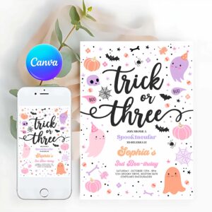 Trick Or Three Invitation, Trick Or Three Halloween Ghost 3rd Birthday Party Invitation Cute Ghost 3rd Birthday Party Spooktacular Party