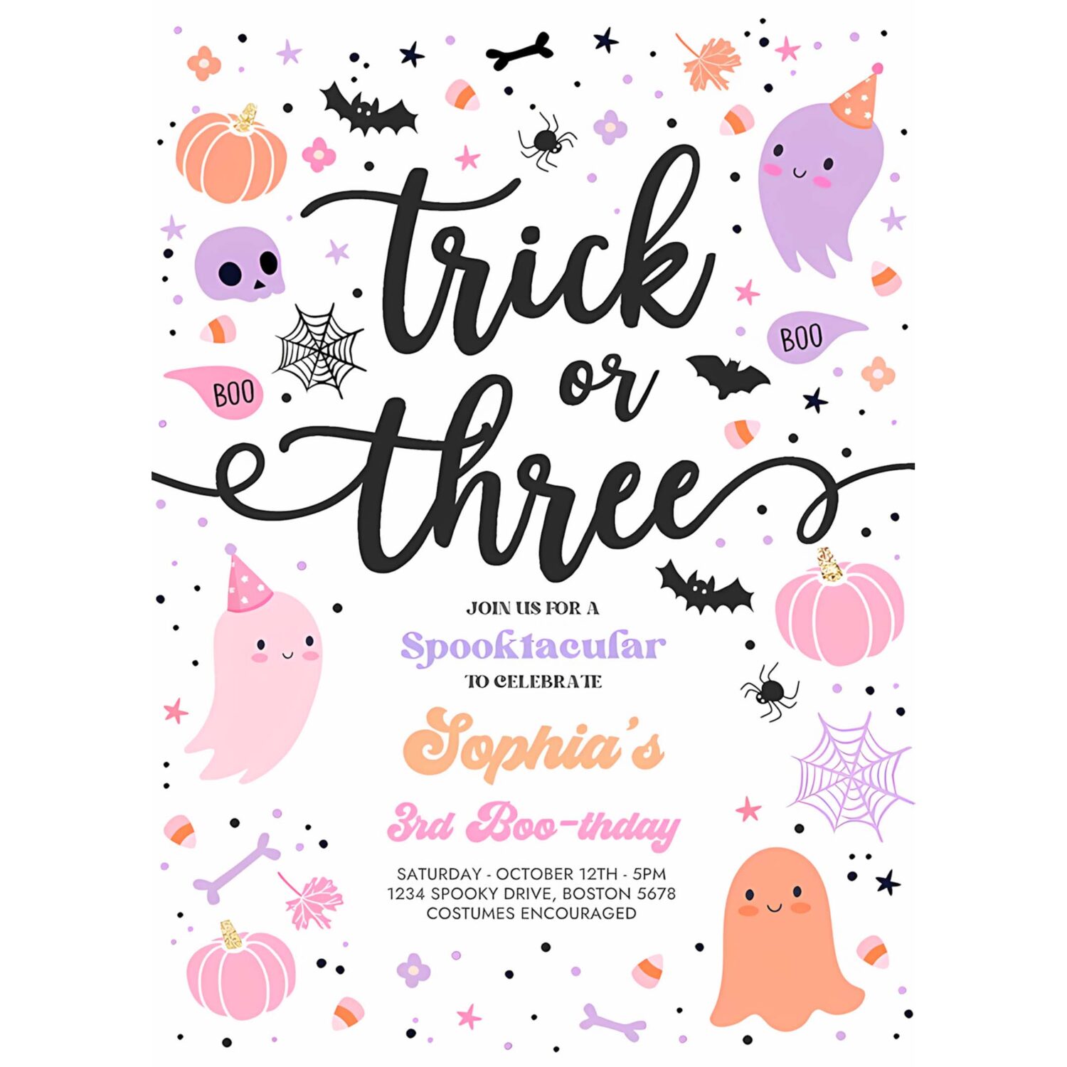 Editable trick or three halloween ghost 3rd birthday party invitation cute ghost 3rd birthday party spooktacular party instant download f6 4