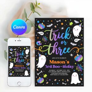 Trick Or Three Invitation, Trick Or Three Halloween Ghost 3rd Birthday Party Invitation Cute Ghost 3rd Birthday Party Spooktacular Party