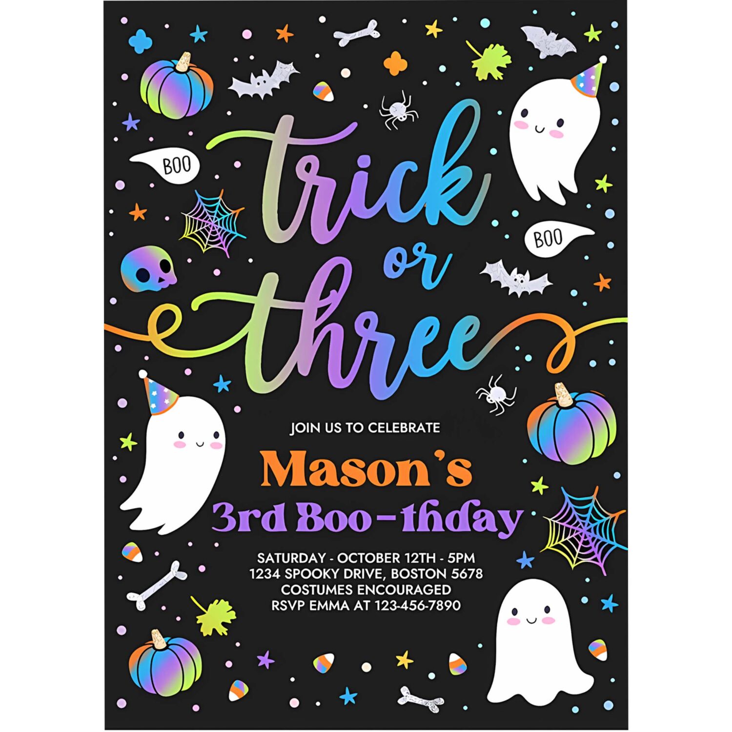 Editable trick or three halloween ghost 3rd birthday party invitation cute ghost 3rd birthday party spooktacular party instant download fg 4