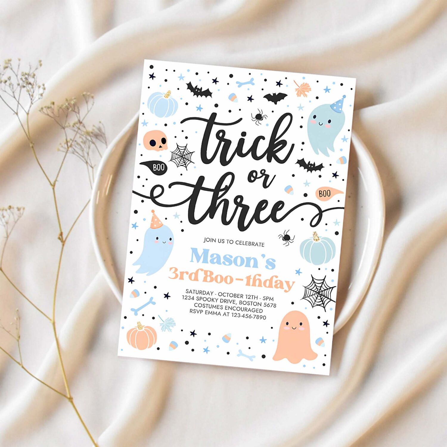 Editable trick or three halloween ghost 3rd birthday party invitation cute ghost 3rd birthday party spooktacular party instant download g62 1