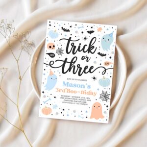 Editable trick or three halloween ghost 3rd birthday party invitation cute ghost 3rd birthday party spooktacular party instant download g62 1