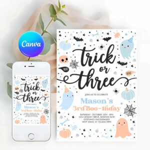 Trick Or Three Invitation, Trick Or Three Halloween Ghost 3rd Birthday Party Invitation Cute Ghost 3rd Birthday Party Spooktacular Party