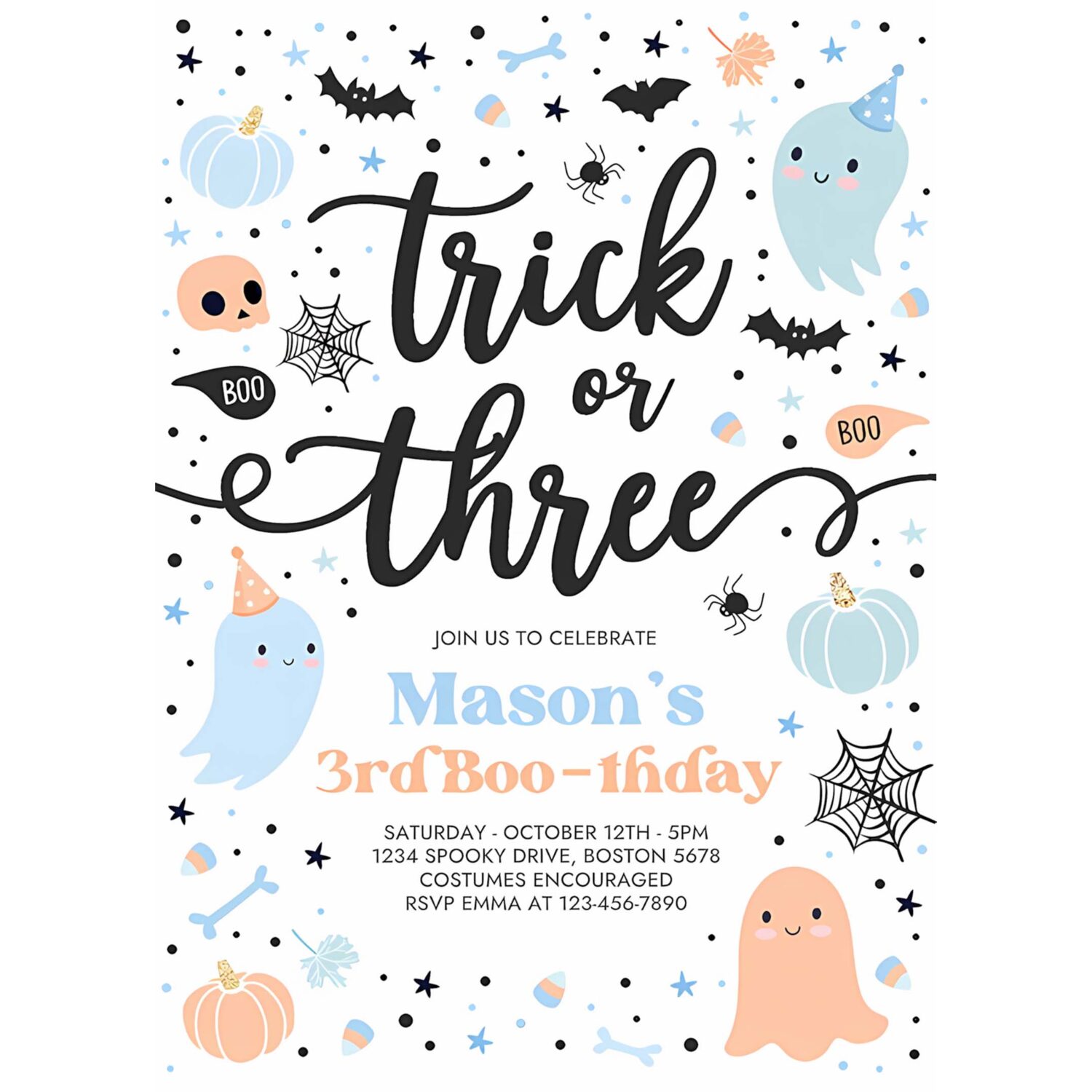 Editable trick or three halloween ghost 3rd birthday party invitation cute ghost 3rd birthday party spooktacular party instant download g62 4