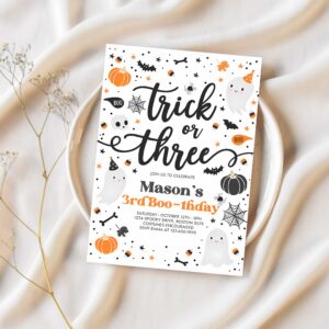 Editable trick or three halloween ghost 3rd birthday party invitation cute ghost 3rd birthday party spooktacular party instant download g8 1