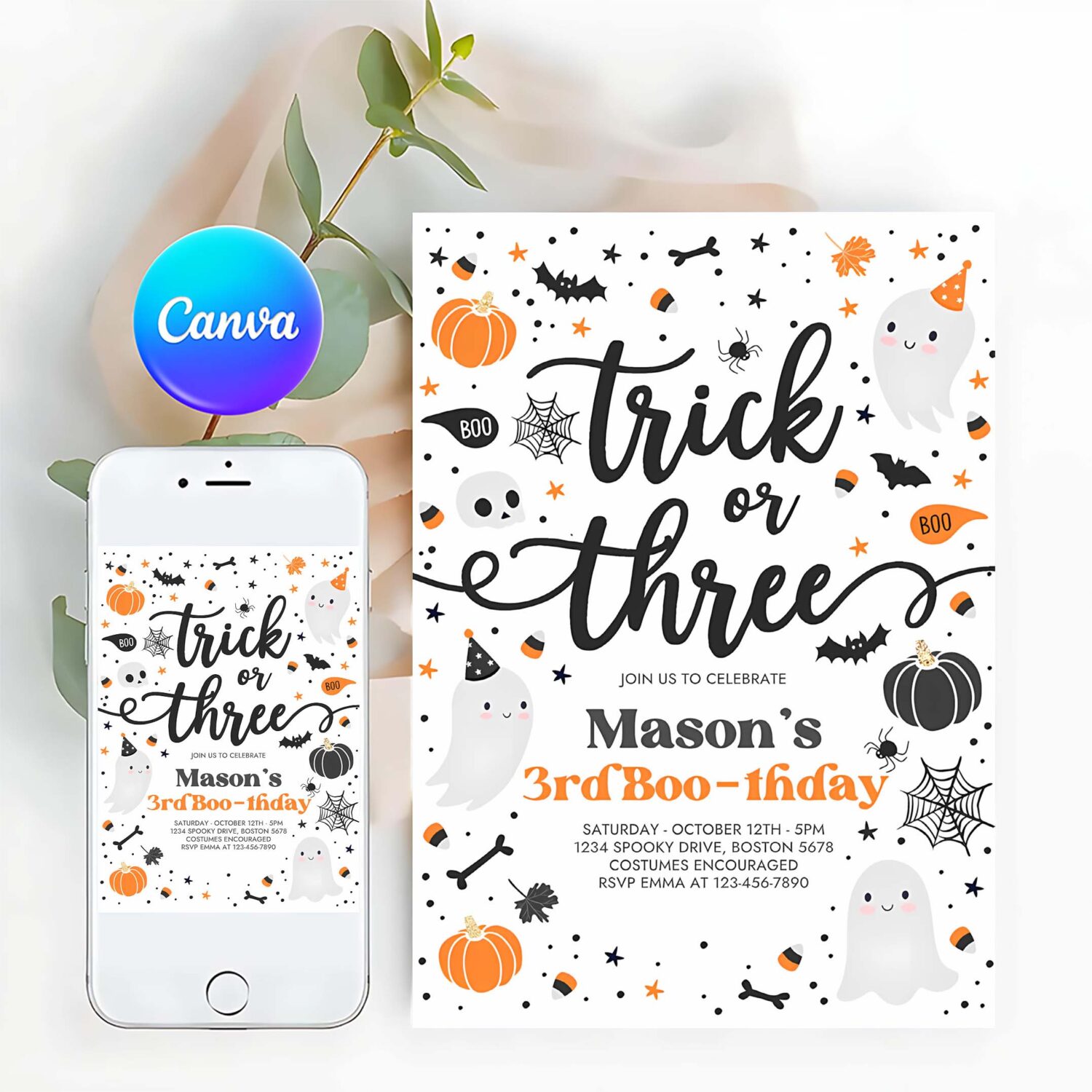 Editable trick or three halloween ghost 3rd birthday party invitation cute ghost 3rd birthday party spooktacular party instant download g8