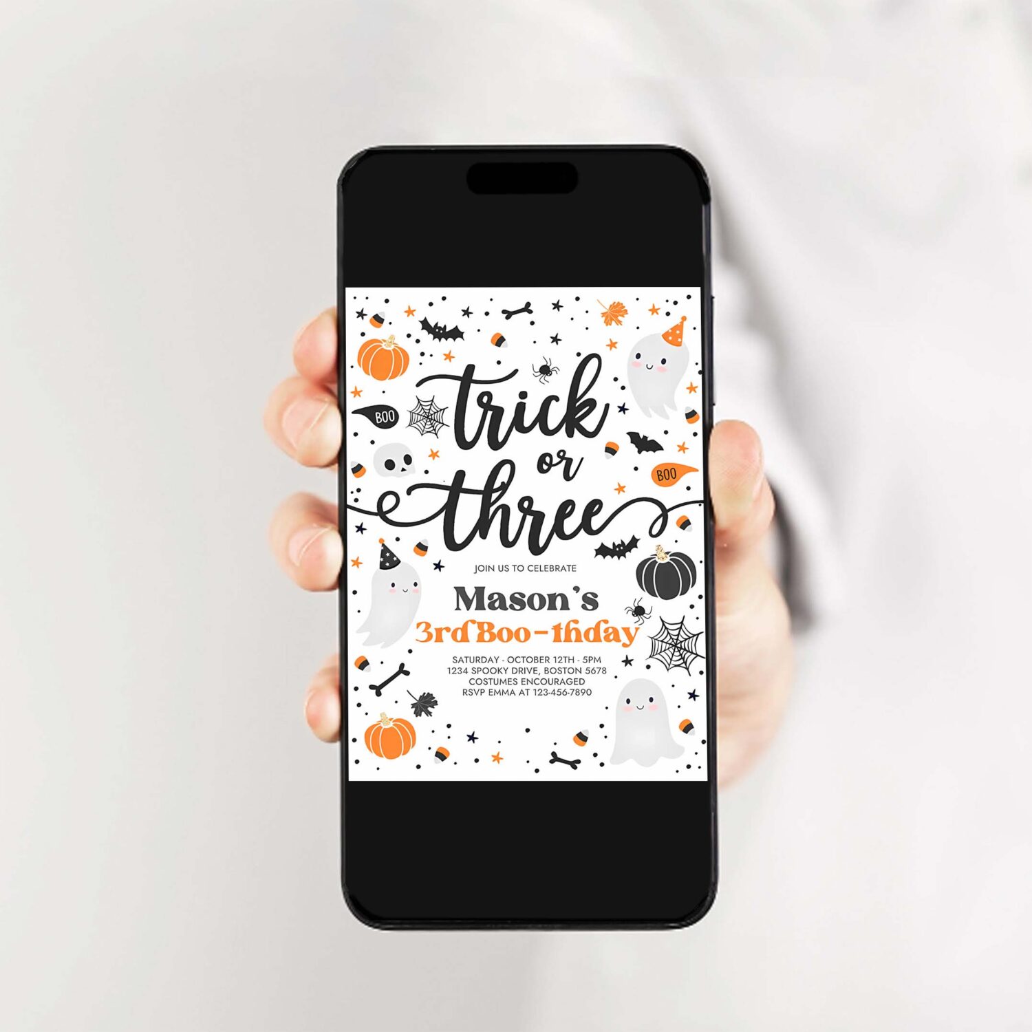 Editable trick or three halloween ghost 3rd birthday party invitation cute ghost 3rd birthday party spooktacular party instant download g8 2