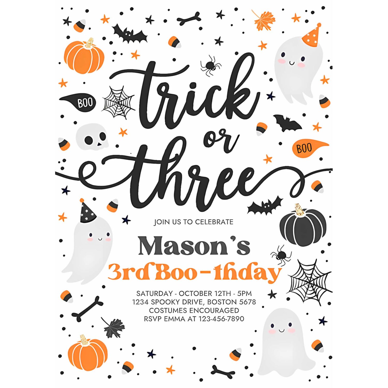 Editable trick or three halloween ghost 3rd birthday party invitation cute ghost 3rd birthday party spooktacular party instant download g8 4