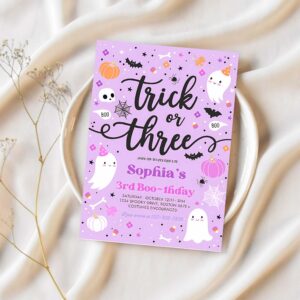 Editable trick or three halloween ghost 3rd birthday party invitation cute ghost 3rd birthday party spooktacular party instant download l1 1
