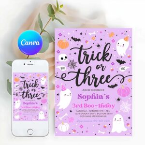 Trick Or Three Invitation, Trick Or Three Halloween Ghost 3rd Birthday Party Invitation Cute Ghost 3rd Birthday Party Spooktacular Party
