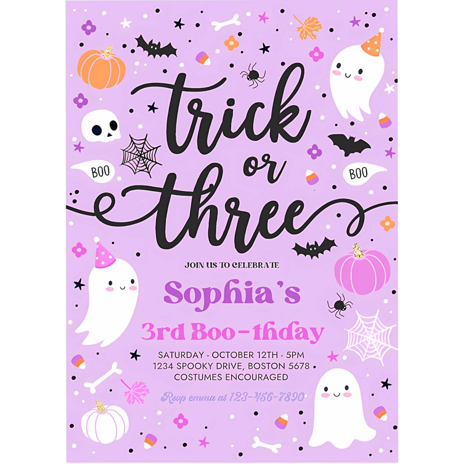 Editable trick or three halloween ghost 3rd birthday party invitation cute ghost 3rd birthday party spooktacular party instant download l1 4