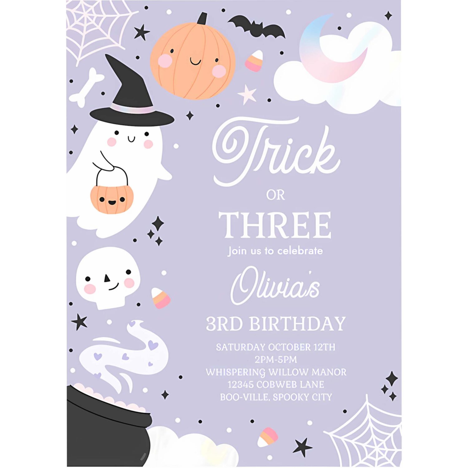 Editable trick or three halloween ghost 3rd birthday party invitation spooktacular ghost halloween birthday invite instant download 42a 4