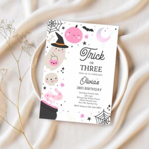 Editable trick or three halloween ghost 3rd birthday party invitation spooktacular ghost halloween birthday invite instant download 42w 1