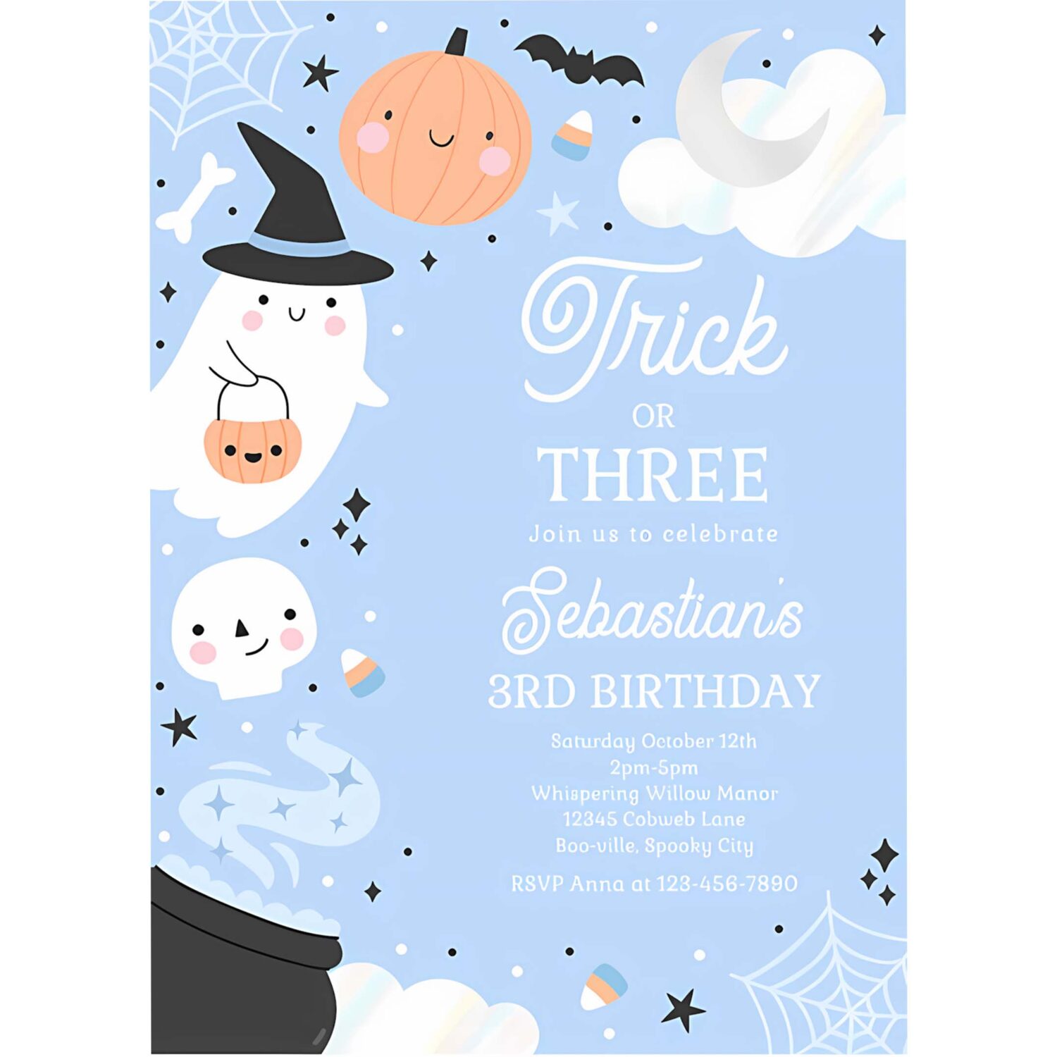 Editable trick or three halloween ghost 3rd birthday party invitation spooktacular ghost halloween birthday invite instant download 4w1 4