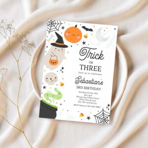 Editable trick or three halloween ghost 3rd birthday party invitation spooktacular ghost halloween birthday invite instant download 4w2 1