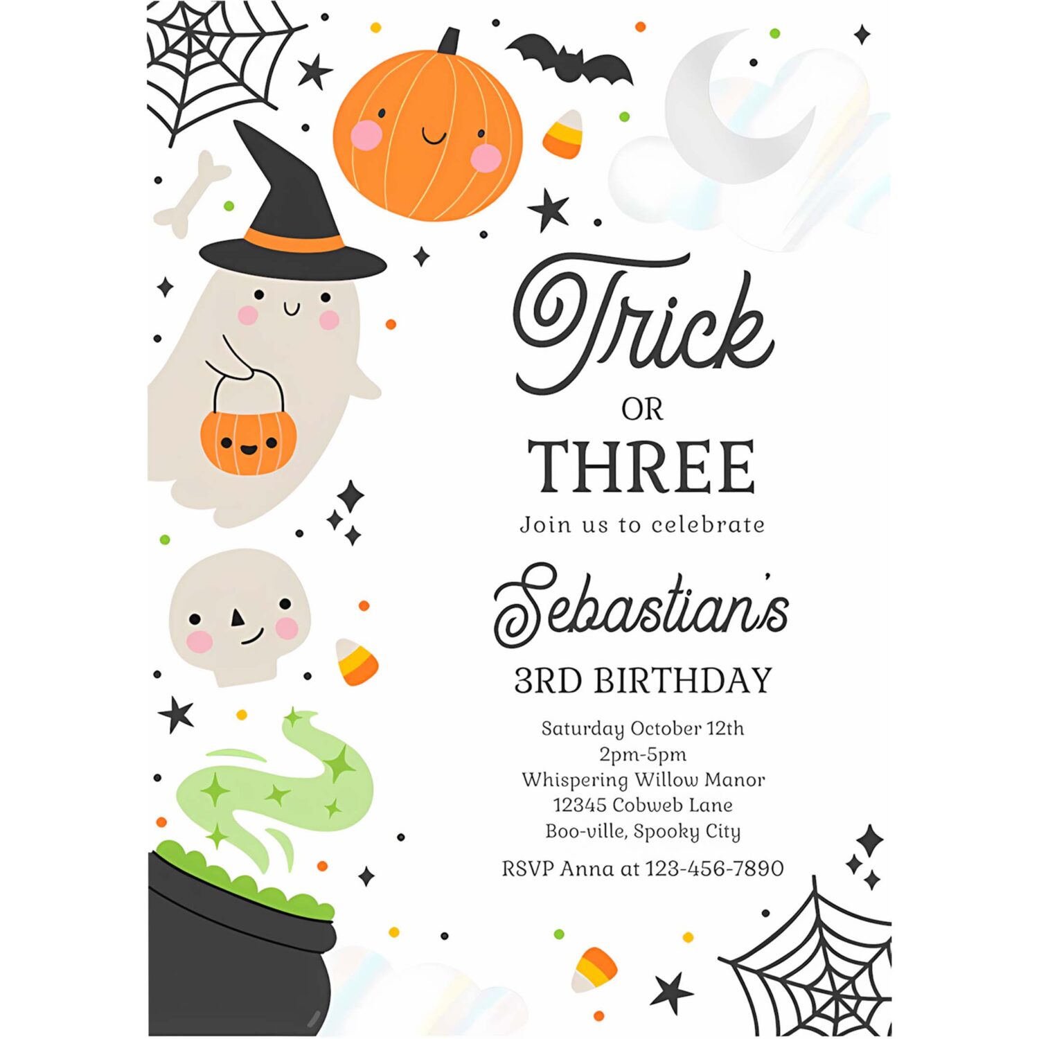 Editable trick or three halloween ghost 3rd birthday party invitation spooktacular ghost halloween birthday invite instant download 4w2 4