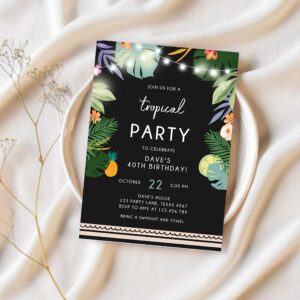 Editable tropical birthday invitation tropical party adult birthday man woman palm leaves hawaiian party invite 1