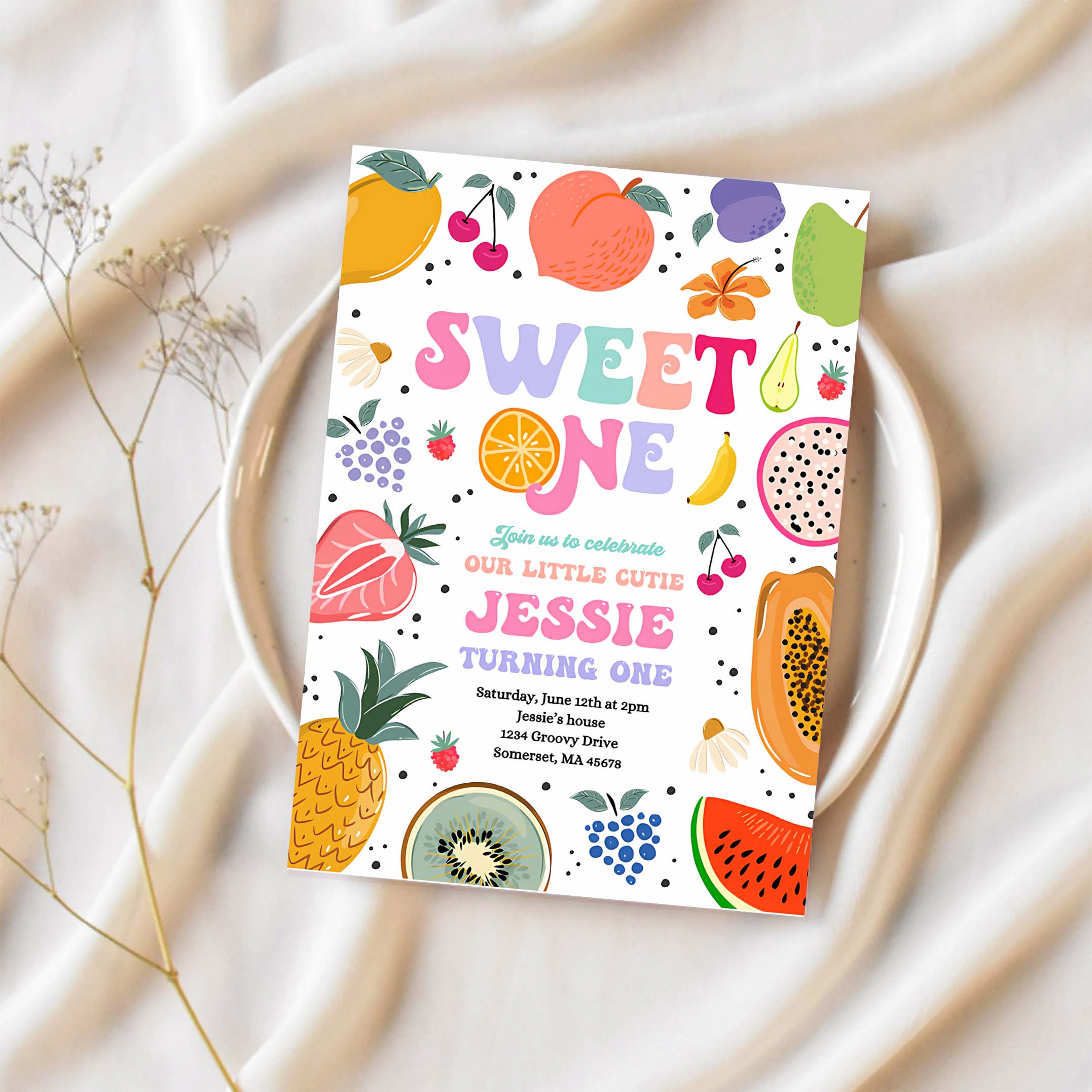 Editable Tutti Frutti 1st Birthday Invitation Sweet One 1st Birthday Invitation Tutti Frutti Tropical Summer Pool Party