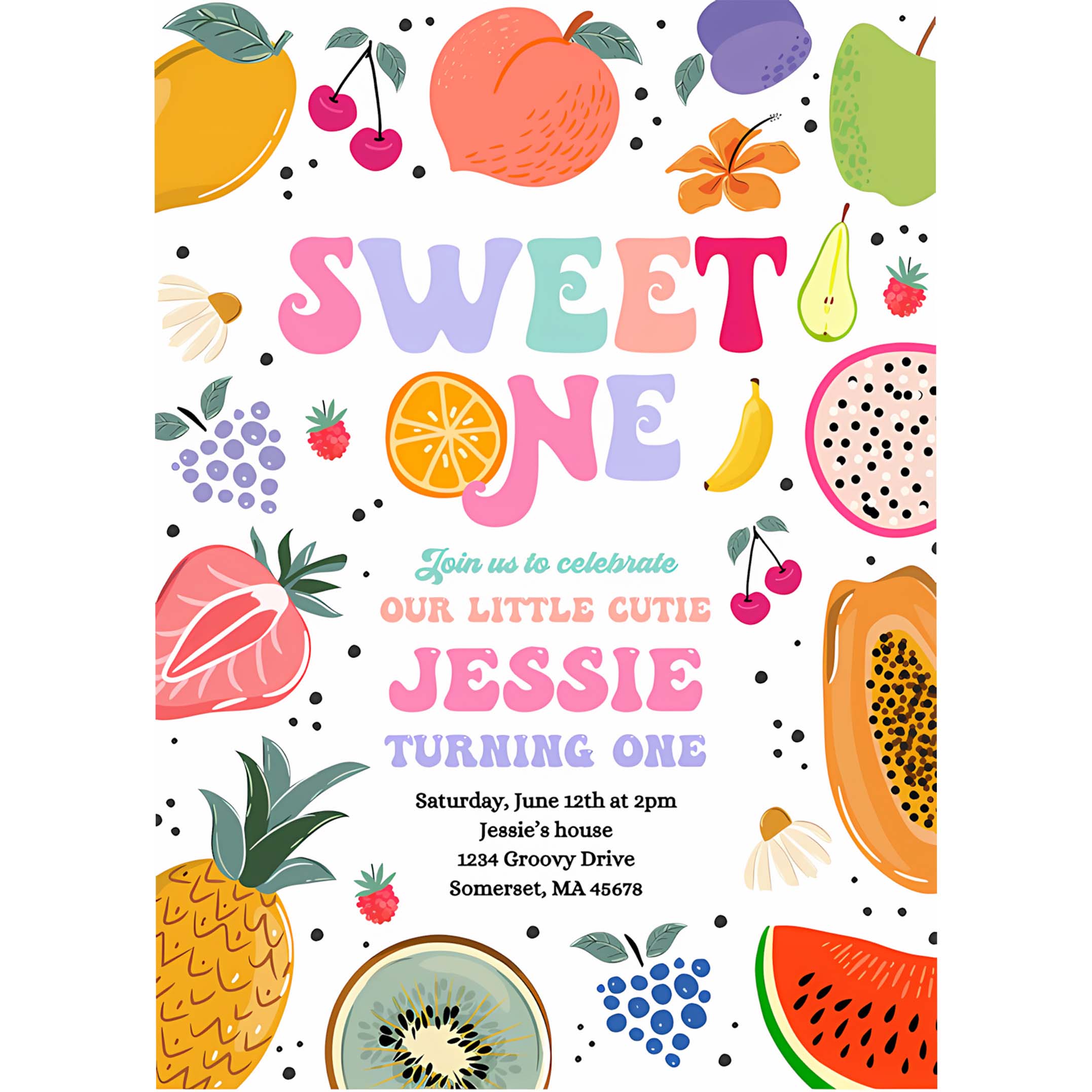 Editable Tutti Frutti 1st Birthday Invitation Sweet One 1st Birthday Invitation Tutti Frutti Tropical Summer Pool Party