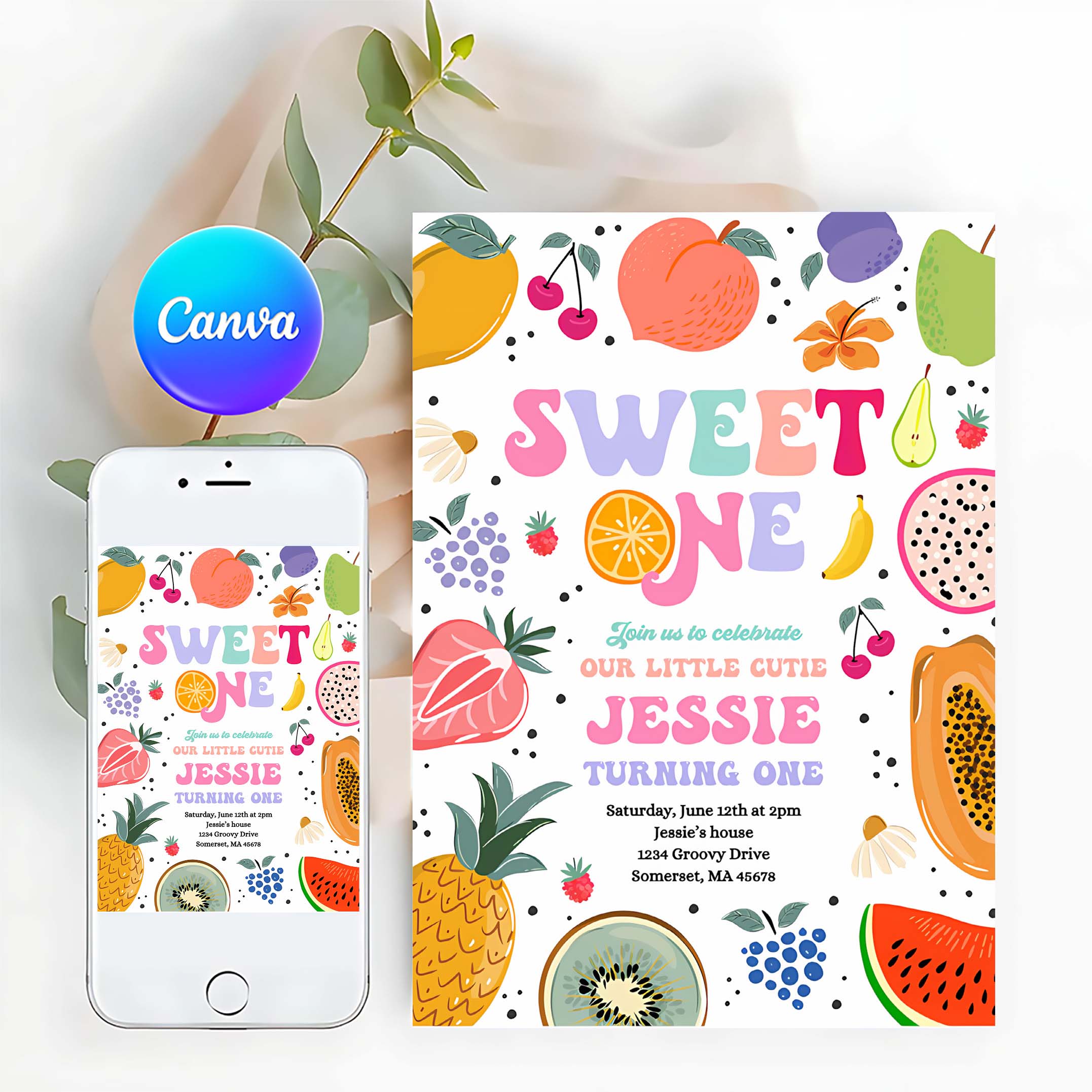 Editable Tutti Frutti 1st Birthday Invitation Sweet One 1st Birthday Invitation Tutti Frutti Tropical Summer Pool Party